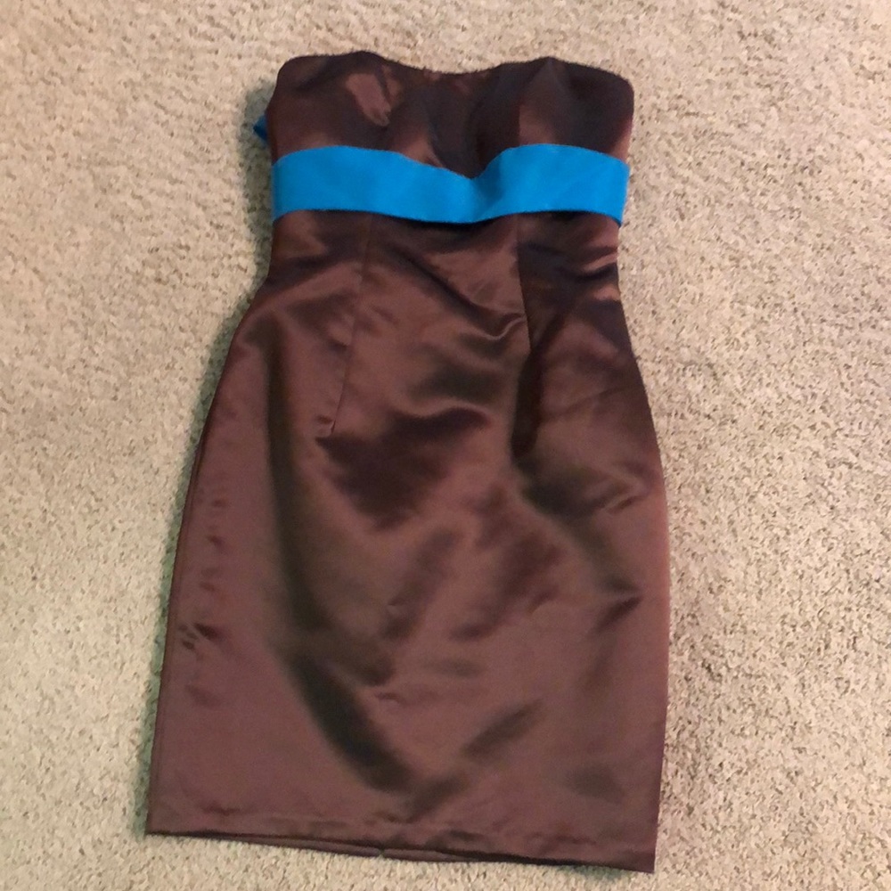 Brown Strapless Jovani dress with Aqua Bow